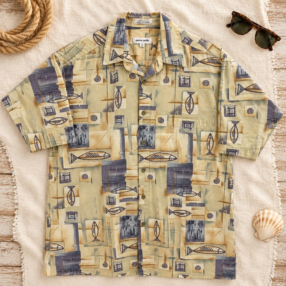 Pierre Cardin Mens Shirt Abstract Fish Print Size M Tan Blue Cotton Vintage 90s